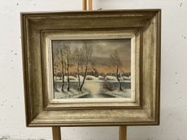 Öl Gemälde Winter Bäume Fluss Abendstimmung Landschaft Natur