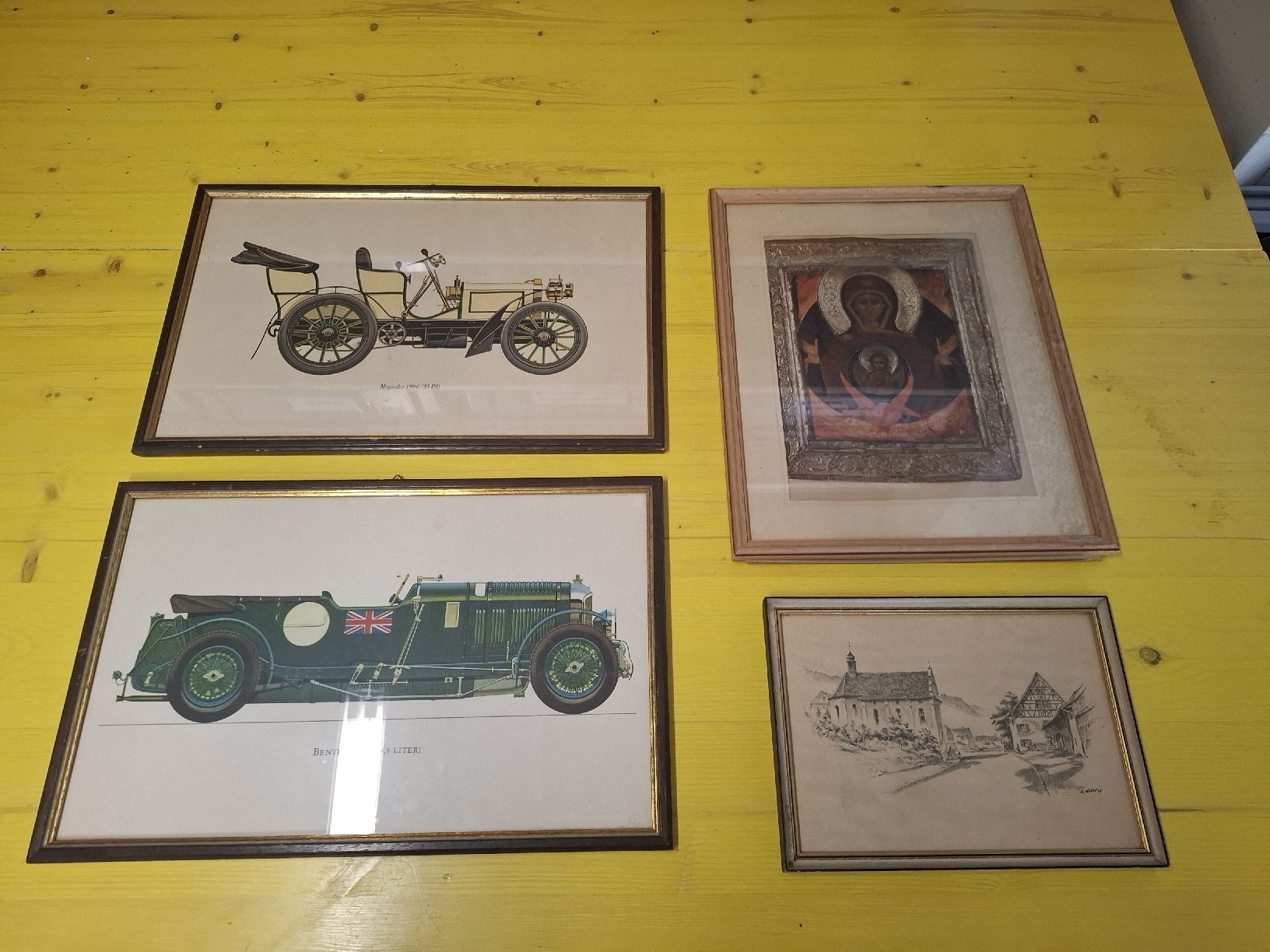 Dipinti: 4 gerahmte Bilder: 2 Oldtimer, Ikone, Dorfansicht – Usato da St.Gallen venduto da bpeter01