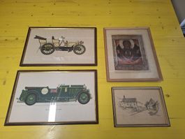 4 gerahmte Bilder: 2 Oldtimer, Ikone, Dorfansicht