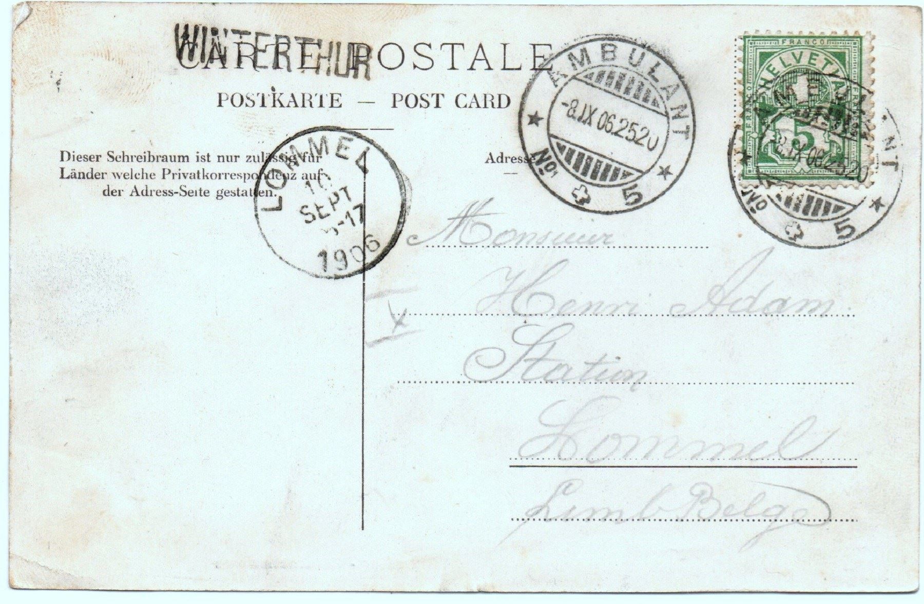 Cartoline postali: WINTERTHUR Kasernenstrasse - BALKENSTEMPEL – Usato da Jona venduto da philajona 1