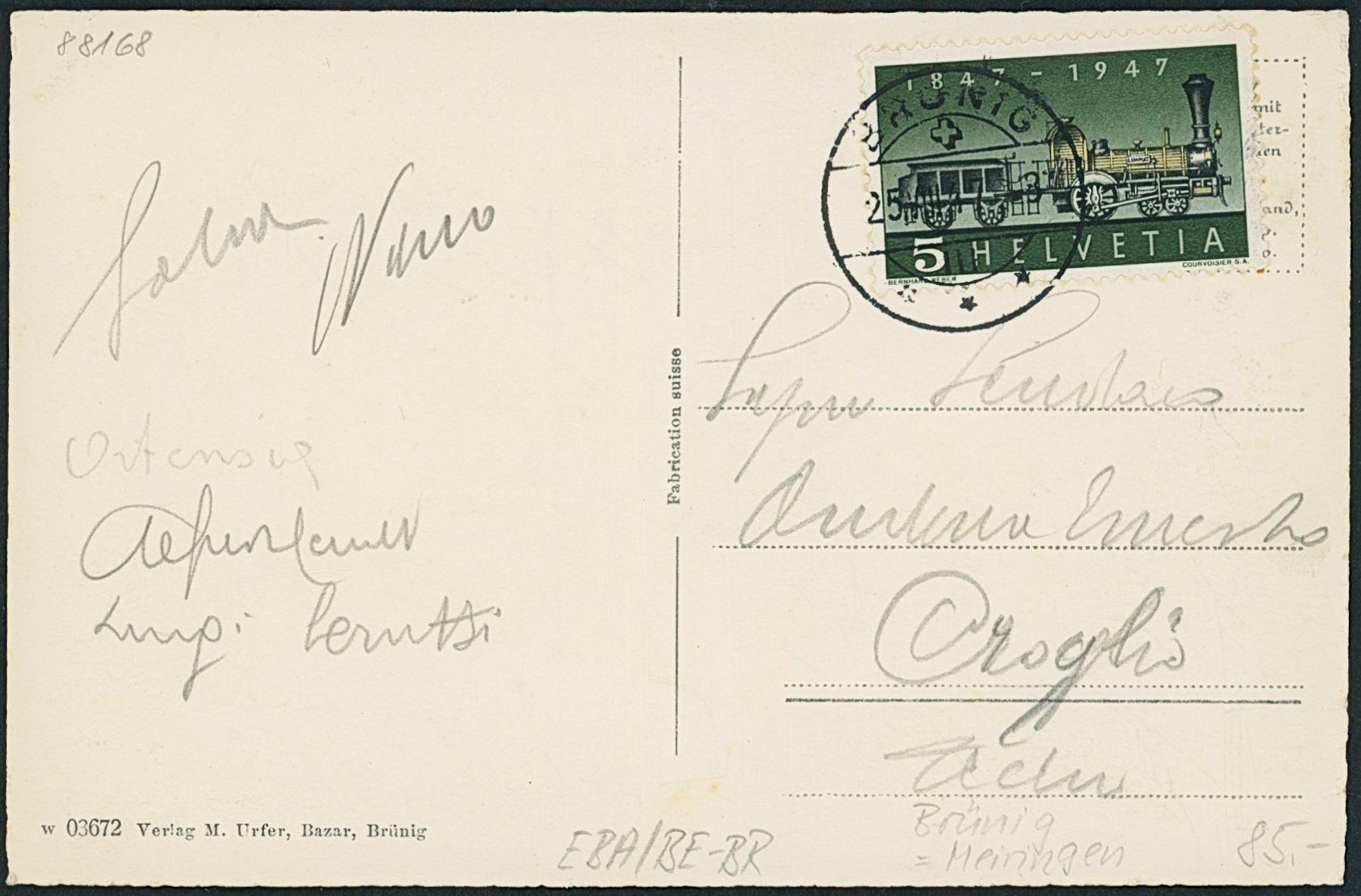 Cartoline postali: BE Brünig - Bahn - Meiringen – Usato da Schindellegi venduto da Jonathan77 1