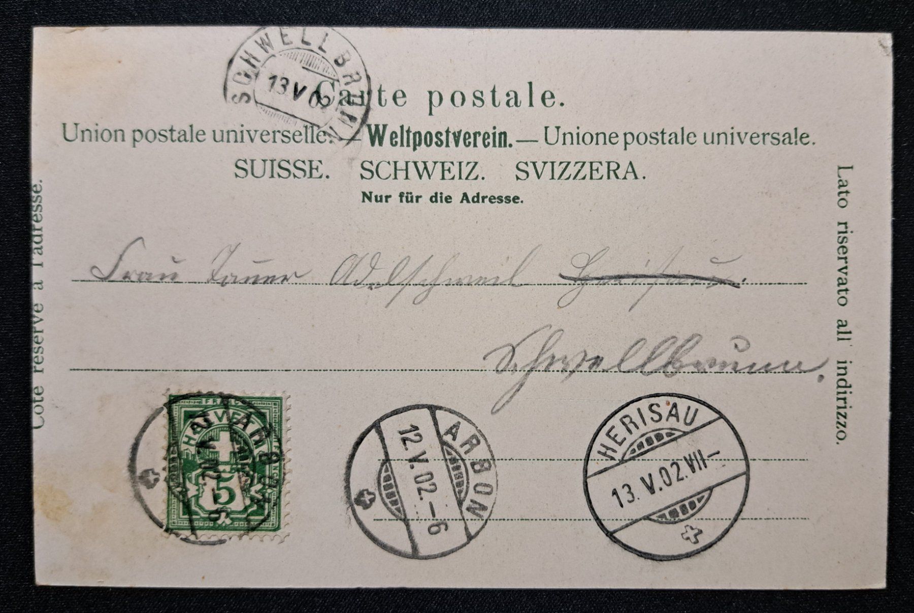 Grafiken & Lithographien: Farbige Litho Arbon mit drei Sujets 1902 – Gebraucht aus Unterägeri von PhilatelieStudiger 1