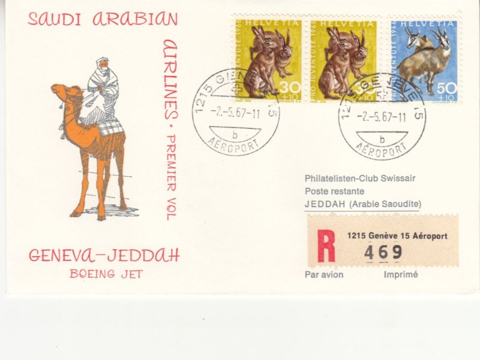 Tutti i francobolli: SLH RF 67.9b Genève-Jeddah – Usato da Bürglen TG venduto da StampGraf