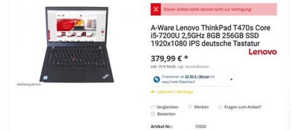 Lenovo Notebook: Laptop Lenovo ThinkPad T470s – Usato da Neuenhof venduto da azi_fbv5
