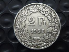 2 Fr. 1936  Auflage nur 0,25 Mio. Stück  -  Ungereinigt  -