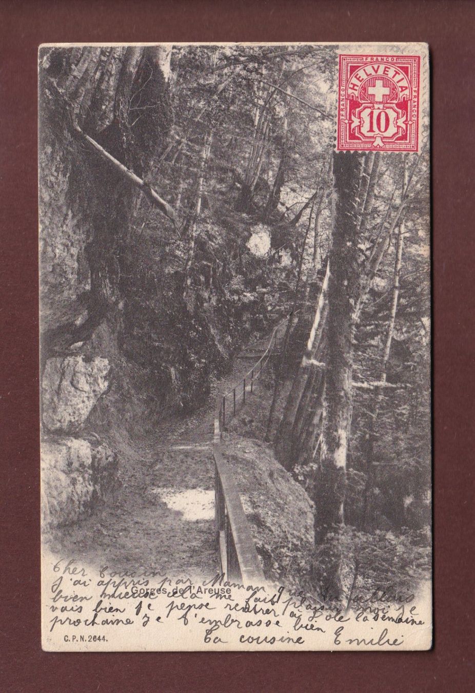 Cartoline postali: GORGES DE L'AREUSE - 1906 CPN – Usato da Pully venduto da nicecards