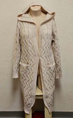 Strickmantel mit Kapuze Gr. S Beige Zopfmuster Lang
