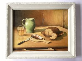 Gemälde. H. Brüngger 1945 Öl auf Pavatex gemalt, Stillleben.