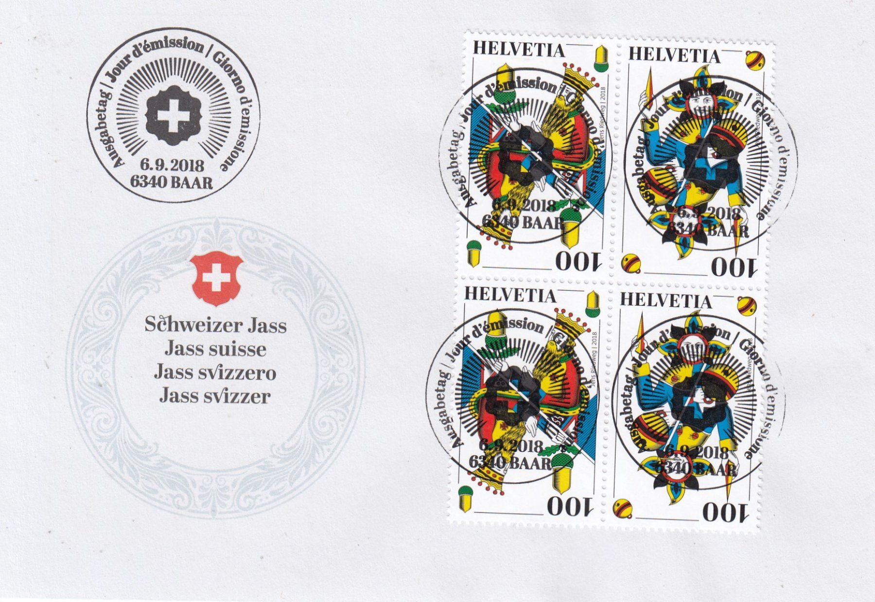 Tutti i francobolli: 1695-1698 2 FDC Scweizer Jass, Vollstempel – Usato da Spreitenbach venduto da Lienbi01