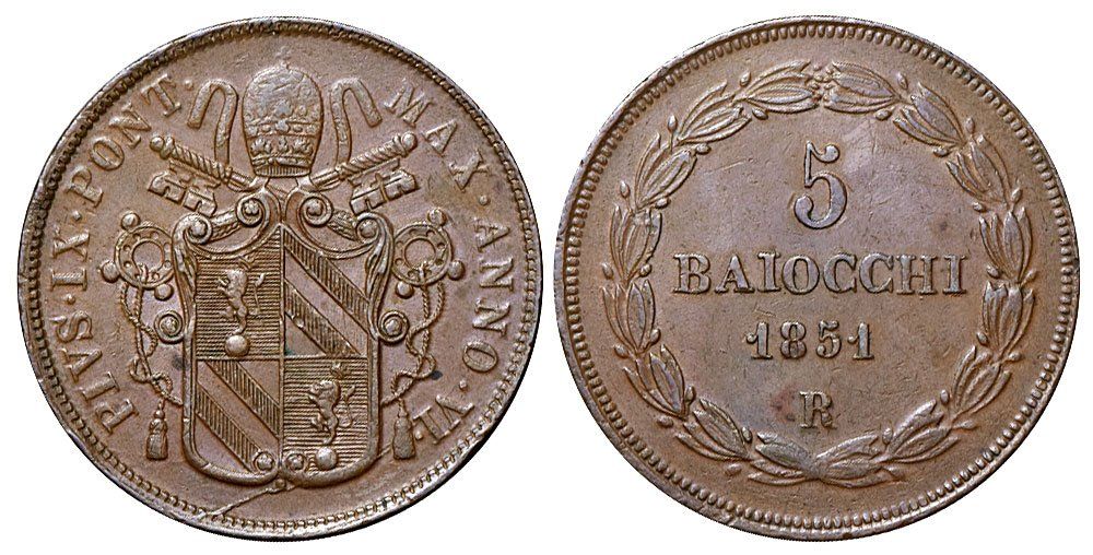 Tutti le monete: Italien, Rom, 5 Baiocchi 1851 A.VI – Usato da Chiasso venduto da Novamarketing