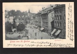 #Gruss aus St.Gallen,Marktgasse belebt,gel. 1903,Stabstempel