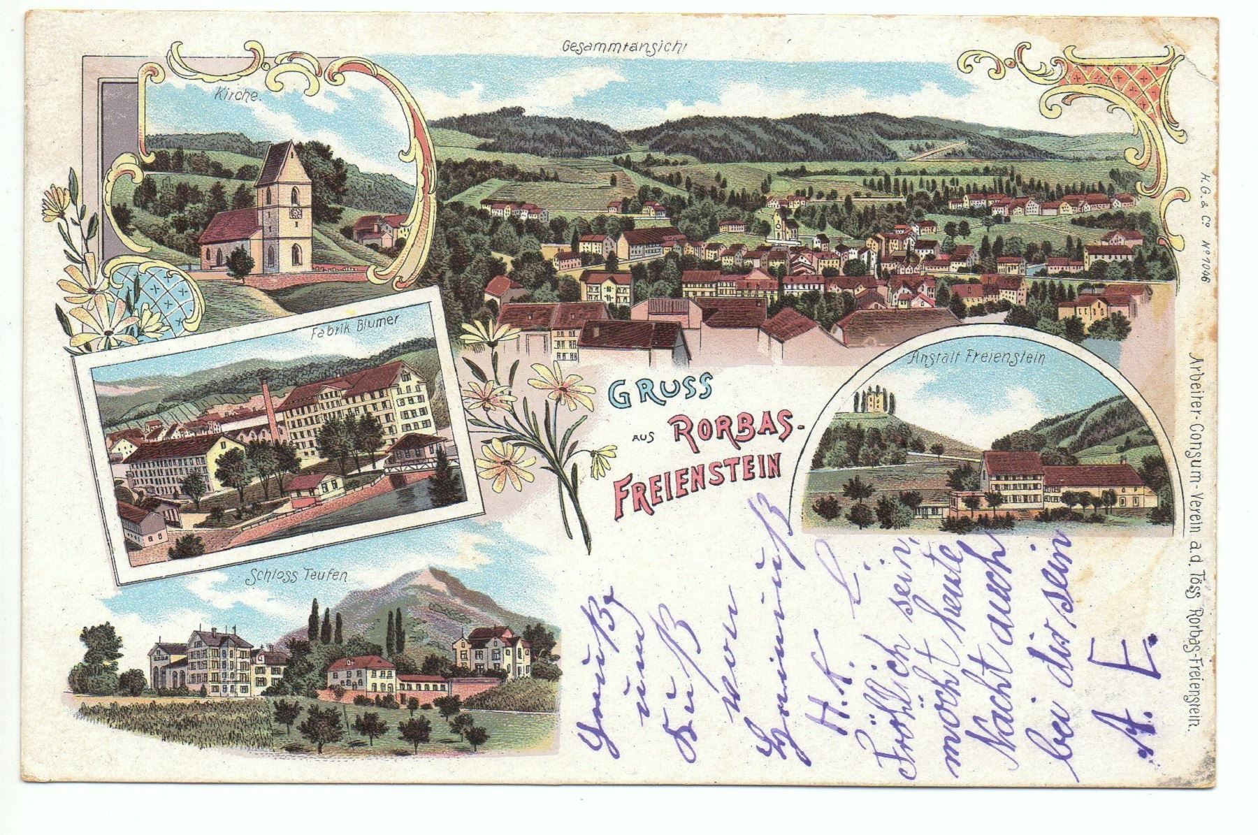 Cartoline postali: LITHO Gruss aus RORBAS-FREIENSTEIN - Fabrik Blumer – Usato da Jona venduto da philajona