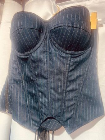 Dunkelblaues Nadelstreifenbustier-Bustier mit Schnürung