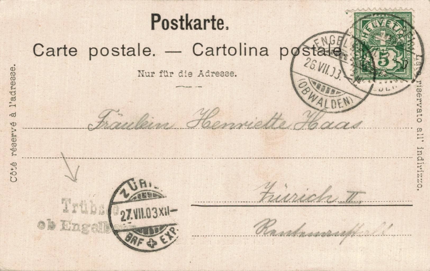 Ansichtskarten: Alte Ansichtskarte Hotel Trübsee mit Titlis, Engelberg, 1903 – Gebraucht aus Luzern von Kartenansicht 1