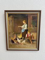 E. Kurti Ölgemälde «Mädchen, Hühner fütternd» Albert Anker