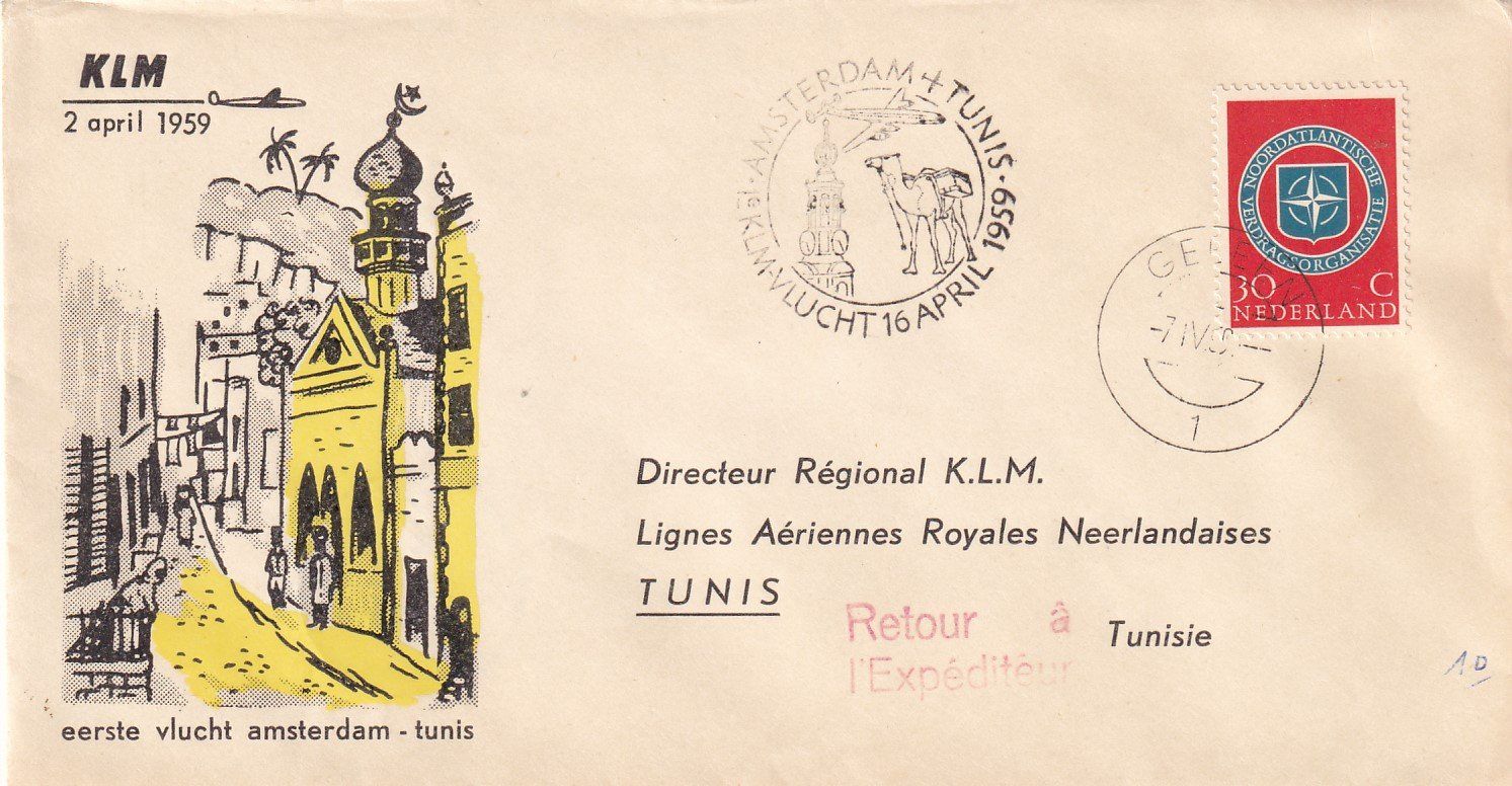 Tutti i francobolli: Erstflug KLM Amsterdam - Tunis 1959 – Usato da Baar venduto da Asmara111