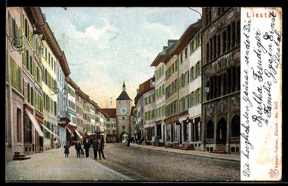 Cartoline postali: AK Liestal, Straßenpartie mit Uhrturm – Usato da Berlin venduto da bartko-reher