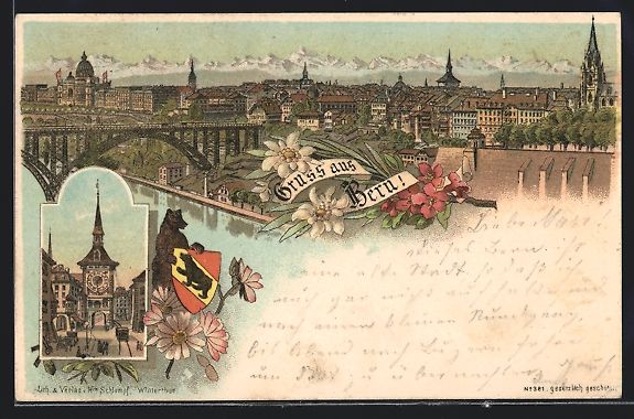 Ansichtskarten: Litho Bern, Ortsansicht mit Uhrenturm – Gebraucht aus Berlin von bartko-reher
