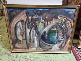 Acryl Ös-Nagy 1947  Figuren am Brunnen gerahmt