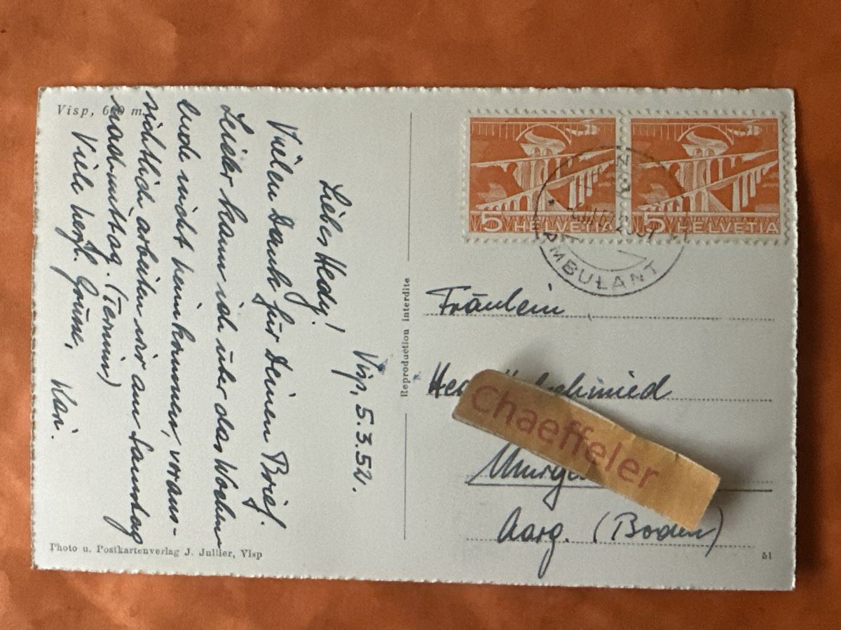 Cartoline postali: Alte Ansichtskarte 1952 Visp VS – Usato da Zürich venduto da Chaeffeler 1