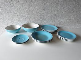 Retro Rössler Geschirr Set hell blau Schüssel Teller