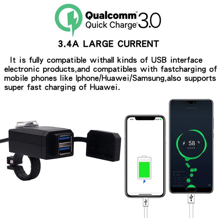 QC3.0 Dual USB Ladegerät Wasserdicht Für Motorrad Lenker