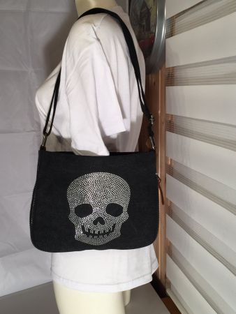 Handtasche Skull aus Strasssteine schwarz Jeansstoff