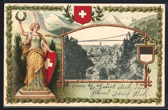 Ansichtskarten: Fribourg, Teilansicht, Helvatia mit Schi – Gebraucht aus Berlin von bartko-reher
