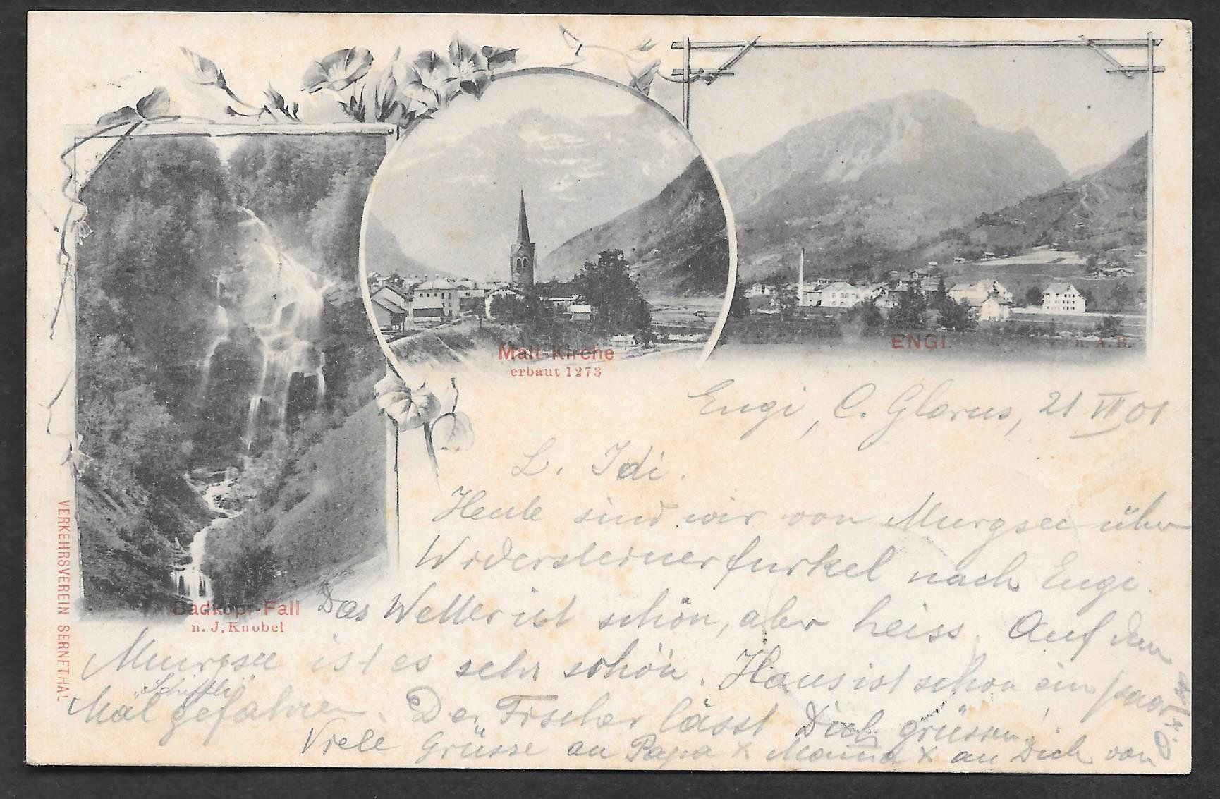 Cartoline postali: Engi 3 Bilder mit Kirche von Matt – Usato da Olten venduto da clotaldi