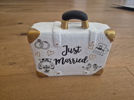 Spardose Koffer "Just Married" weiss/gold Dekoration Hoch