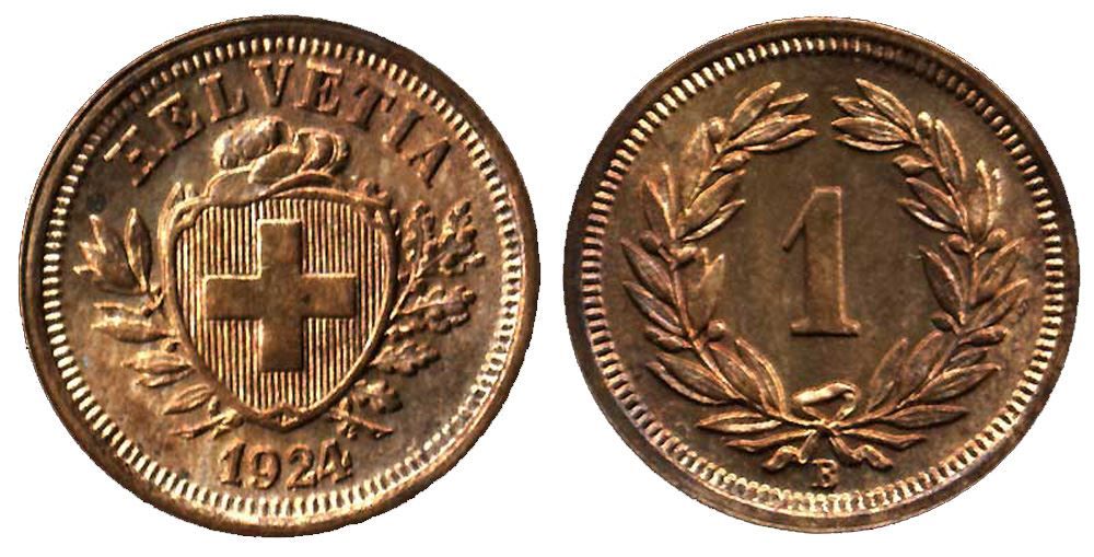 Alle Münzen: 1 Rappen 1924 (c) – Gebraucht aus Chiasso von Novamarketing