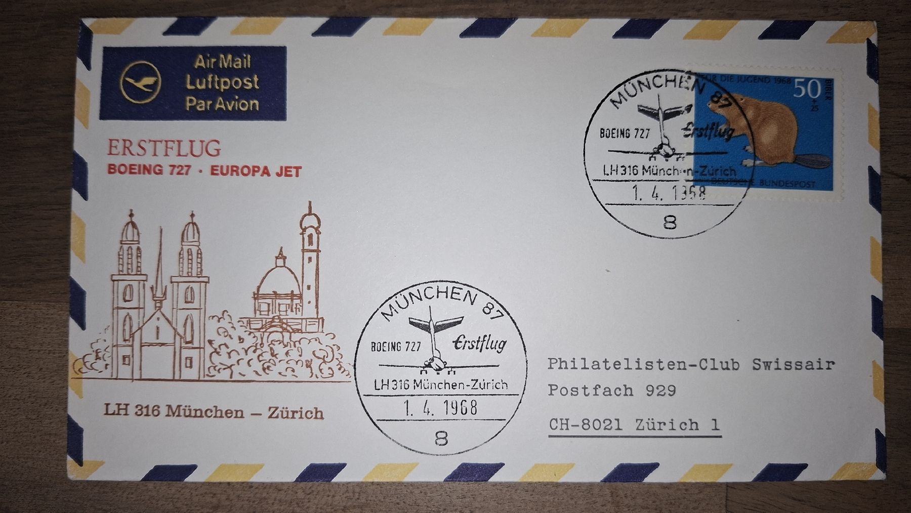 Tutti i francobolli: Boeing 727 Müchen - Zürich 01.04.1968 – Usato da Balgach venduto da SIMEON27