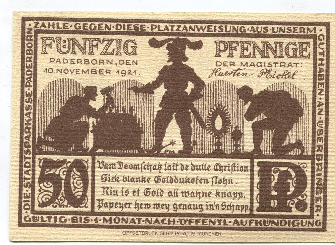 Banknoten: Notgeld "50 Pfennig. Paderborn 1921" – Gebraucht aus Basel von Butsch5