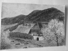 AQUARELL AUF PAPIR.22X15CM. NITIALEN J.V. BAUERNHAUS AM BACH