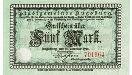 Augsburg 5 Mark Wz dunkle Kreuze 15.10.1918 VZ++-UNZ rote KN