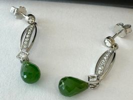 Ohr-Stecker (Hänger) PLATIN mit Jade-Tropfen & Diamantrosen