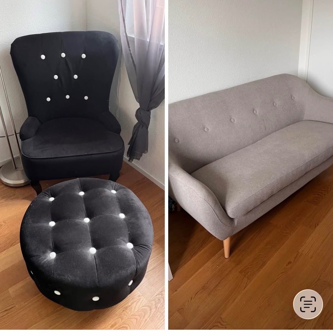 Poltrone: Sofa mit 2 Sesseln und Hocker schwarz grau Stoff – Usato da Thunstetten venduto da hjk_gjv8