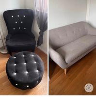 Sofa mit 2 Sesseln und Hocker schwarz grau Stoff
