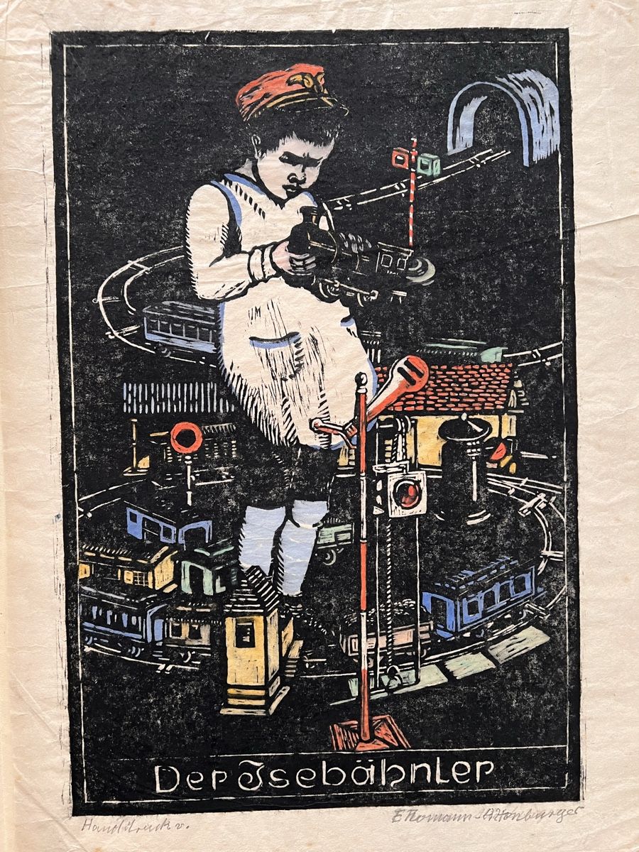 Xilografie: E. Thomann Original Holzschnitt Eisenbahn Eisenbahner – Usato da Adliswil venduto da bilderboerse-zuerich 2