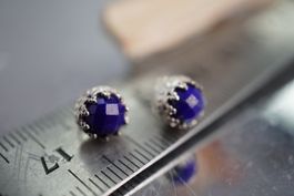 Lapis    Rund  ♕ Krone 7mm Ohrstecker  925 Silber