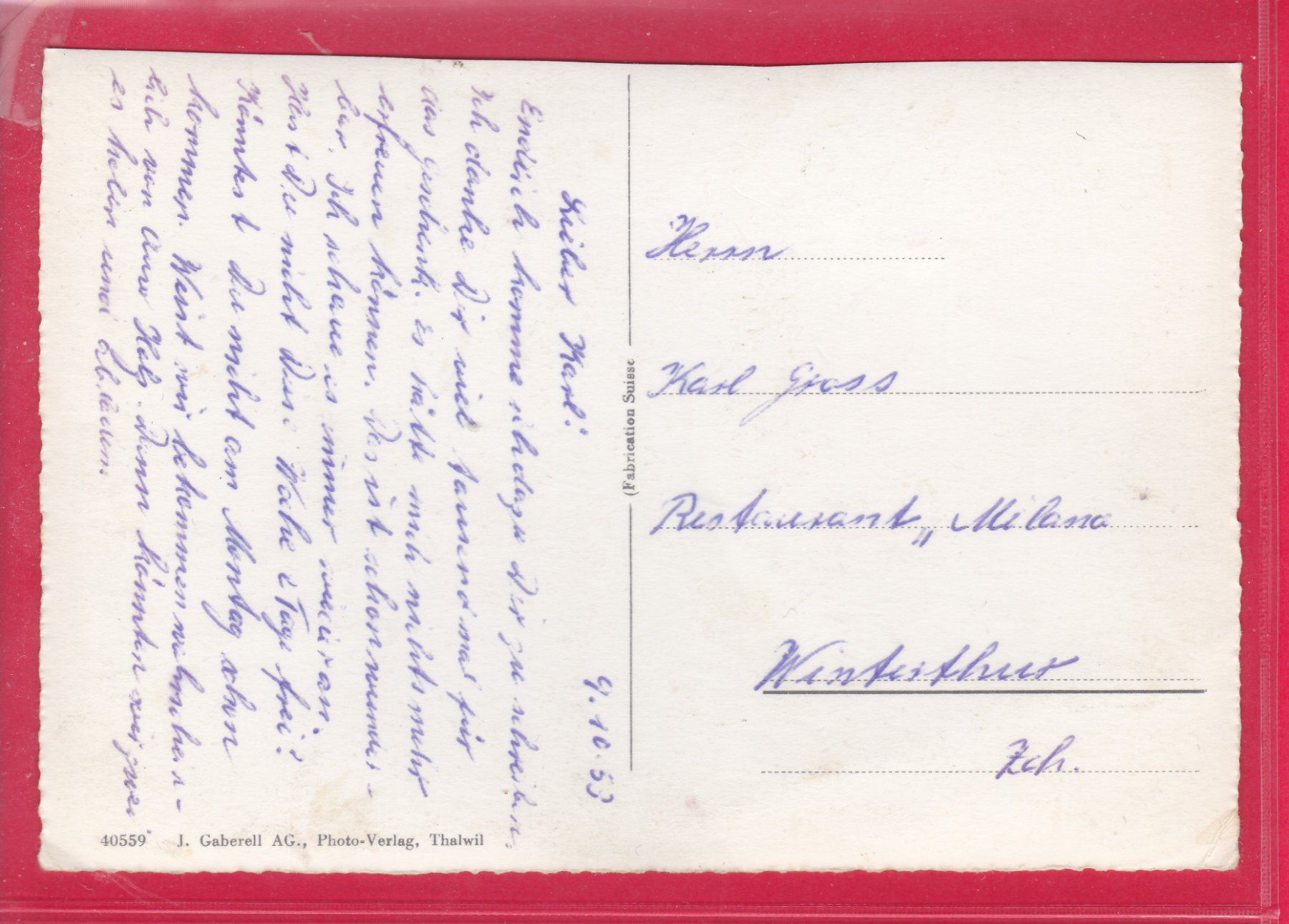 Cartoline postali: MASCHWANDEN, 9.10.1953 – Difettoso da Oberrieden venduto da Gebirgsstelze 1