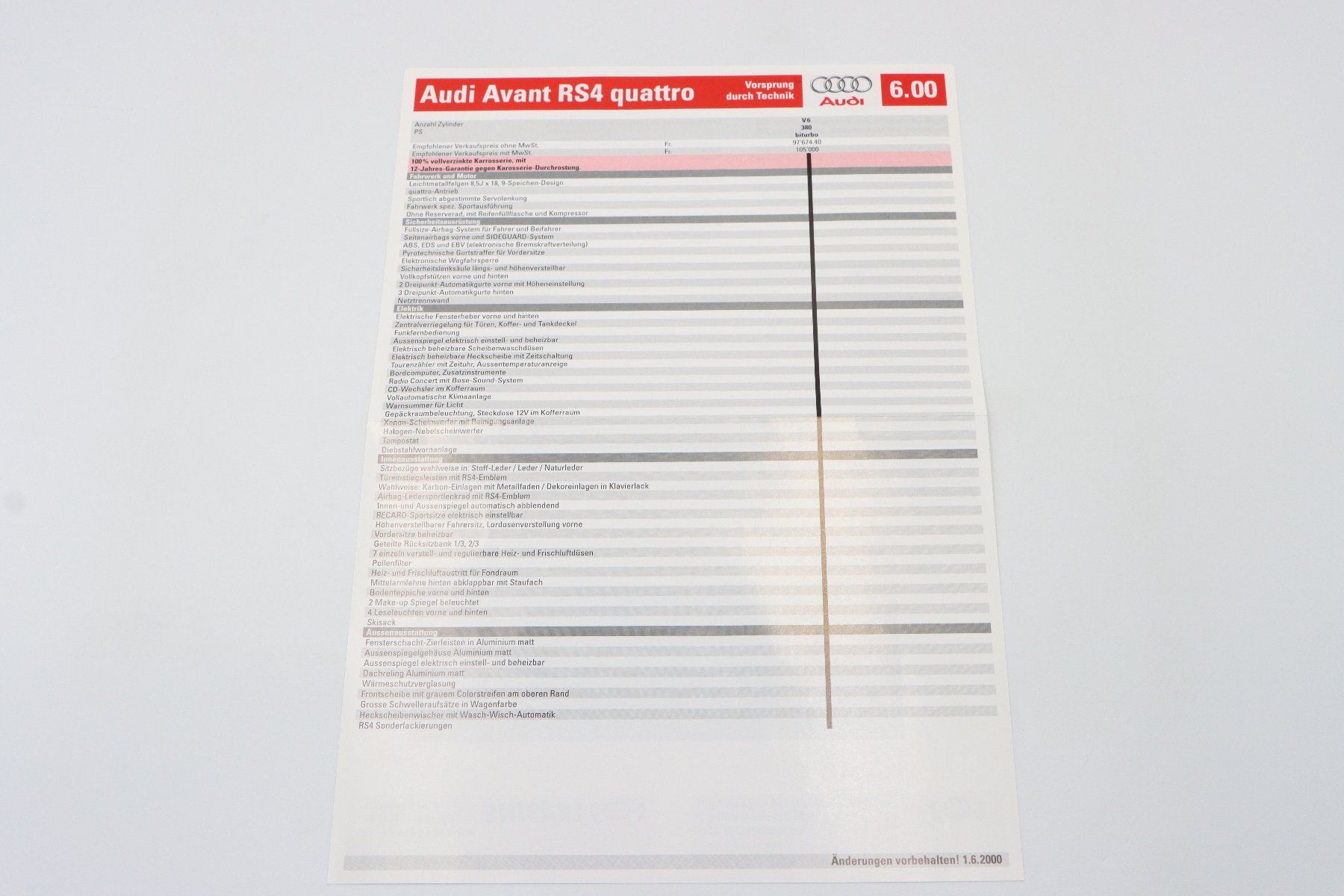 Audi Documenti: Audi RS4 Avant B5 1999 Prospekt + Datenblatt – Usato da Bühl b.Aarberg venduto da Collectorpassions 6