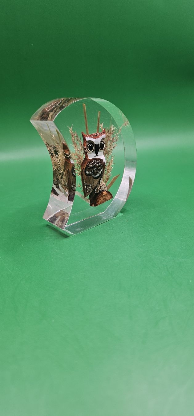 Figuren: Vintage Eule in Crescent Moon Lucite Paperweight Figur – Gebraucht aus Zürich von Daniela51 1