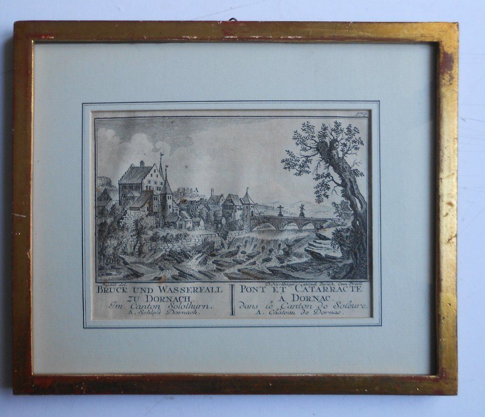 Incisioni: Dornach. Brücke und Wasserfall. Kupferstich von ca 1750. – Usato da Basel venduto da Domba