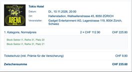 2 Tickets Sitzplätze Tokio Hotel Konzert 10.11.26 Zürich