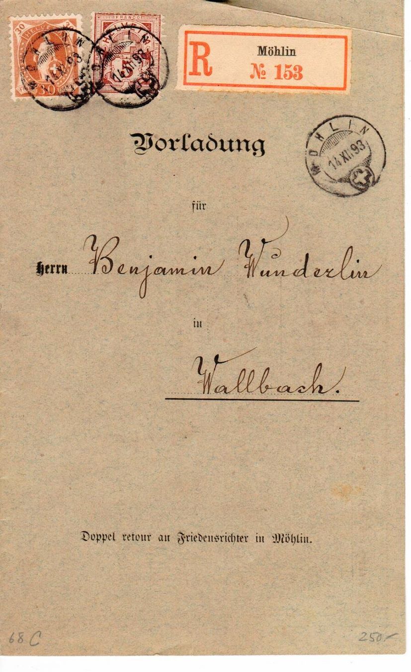 Tutti i francobolli: R - Brief Möhlin 1893 nach Wallbach – Usato da Wolhusen venduto da Curver9