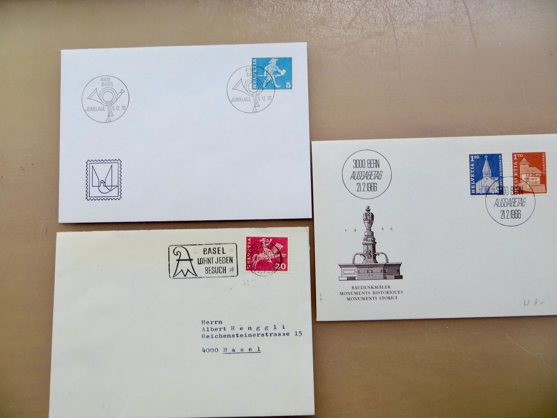 Alle Briefmarken: 3 Briefe Postgeschichte 1960 + Baudenkmäler 1966 – Neu (gemäss Beschreibung) aus Basel von 8013