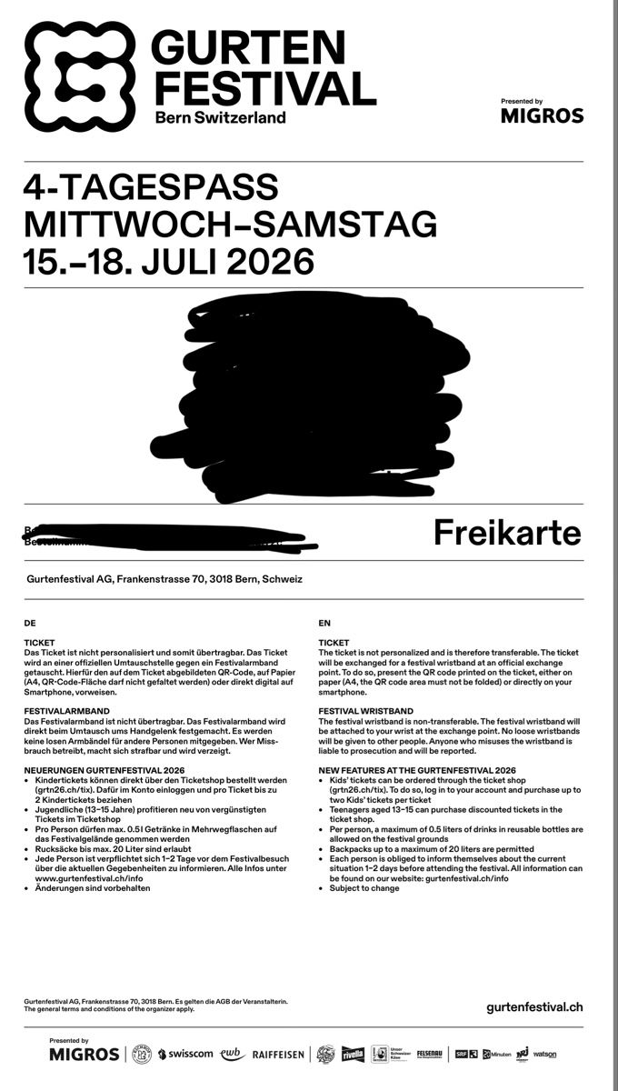 Biglietti: 4-Tagespass Gurtenfestival 2026 – Nuovo e nell'imballaggio originale da Köniz venduto da jas_q8jk
