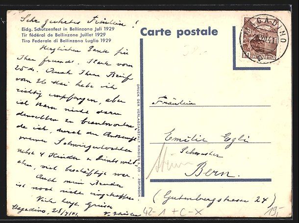 Cartoline postali: AK Bellinzona, Eidg. Schützenfest 1929 – Usato da Berlin venduto da bartko-reher 1