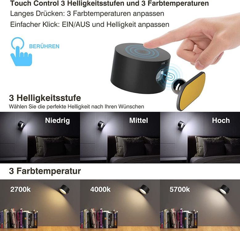 WILLED Dimmbar 6000K Batteriebetrieben Touch Lampe, Led Nachtlicht Mit